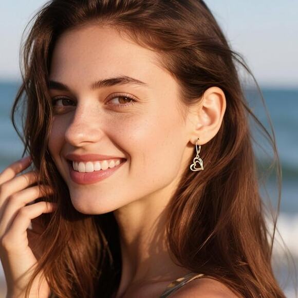 14K Gold Plated Heart Dangle Earrings Dangling Trendy Women Leverback Earings - Picture 2 of 5